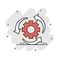 Workflow process icon in comic style. Gear cog wheel with arrows vector cartoon illustration pictogram. Workflow business concept splash effect.