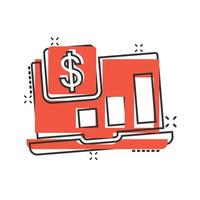 Laptop computer chart icon in comic style. Money diagram cartoon vector illustration on white isolated background. Financial process splash effect business concept.