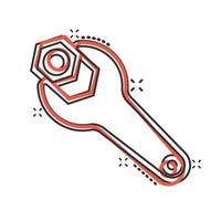 Wrench icon in comic style. Spanner key cartoon vector illustration on white isolated background. Repair equipment splash effect business concept.