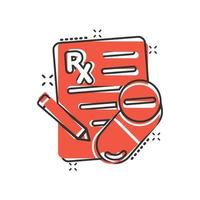 Prescription icon in comic style. Rx document cartoon vector illustration on white isolated background. Paper splash effect business concept.