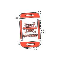 icono de teléfono de escaneo de código qr en estilo cómico. escáner en la ilustración de dibujos animados de vector de teléfono inteligente sobre fondo blanco aislado. efecto de salpicadura de concepto de negocio de código de barras.