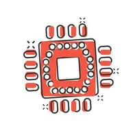 Computer cpu icon in comic style. Circuit board cartoon vector illustration on white isolated background. Motherboard chip splash effect business concept.