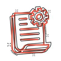 Document with gear icon in comic style. Big data processing cartoon vector illustration on white isolated background. Paper sheet software solution splash effect business concept.