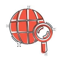 Globe search icon in comic style. Network navigation cartoon vector illustration on white isolated background. Global geography loupe splash effect business concept.