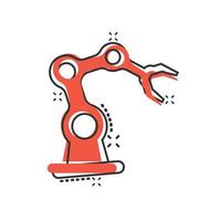 Robot arm icon in comic style. Mechanic manipulator cartoon vector illustration on white isolated background. Machine splash effect business concept.