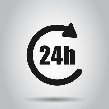 24 hours clock sign icon in flat style. Twenty four hour open vector illustration on isolated background. Timetable business concept.