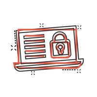 Locker computer icon in comic style. Padlock laptop cartoon vector illustration on white isolated background. Key unlock splash effect business concept.