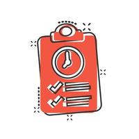 Document witch clock icon in comic style. Checklist survey cartoon vector illustration on white isolated background. Fast service splash effect business concept.