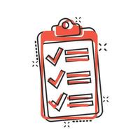 To do list icon in comic style. Document checklist cartoon vector illustration on white isolated background. Notepad check mark splash effect business concept.