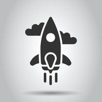 Rocket icon in flat style. Spaceship launch vector illustration on white isolated background. Sputnik  business concept.