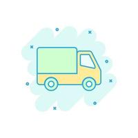 Delivery truck sign icon in comic style. Van vector cartoon illustration on white isolated background. Cargo car business concept splash effect.