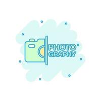 Camera device sign icon in comic style. Photography vector cartoon illustration on white isolated background. Cam equipment business concept splash effect.