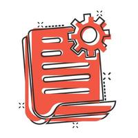 Document with gear icon in comic style. Big data processing cartoon vector illustration on white isolated background. Paper sheet software solution splash effect business concept.