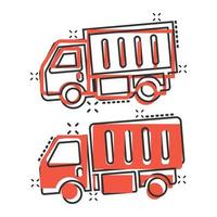 Delivery truck icon in comic style. Van cartoon vector illustration on white isolated background. Cargo car splash effect business concept.