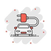 Vector cartoon electro car icon in comic style. Electric automobile vehicle illustration pictogram. Ecology car sedan splash effect concept.