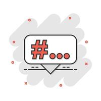 icono de hashtag de dibujos animados vectoriales en estilo cómico. Pictograma de ilustración del concepto de marketing en redes sociales. concepto de efecto de salpicadura de negocio de red hashtag. vector