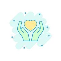 Heart care icon in comic style. Charity vector cartoon illustration on white isolated background. Love in hand business concept splash effect.