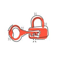 Key with padlock icon in comic style. Access login vector cartoon illustration pictogram. Lock keyhole business concept splash effect.