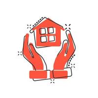 Home care icon in comic style. Hand hold house vector cartoon illustration on white isolated background. Building quality business concept splash effect.