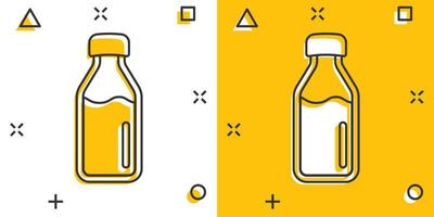 icono de botella de leche en estilo cómico. Ilustración de vector de dibujos animados de matraz sobre fondo blanco aislado. concepto de negocio de efecto de salpicadura de contenedor de bebida.