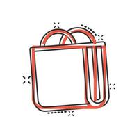 Shopping bag icon in comic style. Handbag cartoon sign vector illustration on white isolated background. Package splash effect business concept.