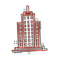 icono de construcción en estilo cómico. ciudad rascacielos apartamento dibujos animados vector ilustración sobre fondo blanco aislado. concepto de negocio de efecto de salpicadura de torre de la ciudad.