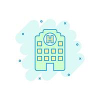 Hospital building icon in comic style. Infirmary vector cartoon illustration on white isolated background. Medical ambulance business concept splash effect.