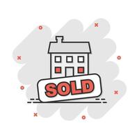 dibujos animados vectoriales vendidos icono de la casa en estilo cómico. pictograma de ilustración de signo vendido. concepto de efecto de salpicadura de negocio de compra. vector