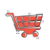 Shopping cart icon in comic style. Trolley cartoon vector illustration on white isolated background. Basket splash effect business concept.