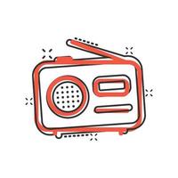 icono de radio en estilo cómico. ilustración de vector de dibujos animados de transmisión fm sobre fondo blanco aislado. concepto de negocio de efecto de salpicadura de radiodifusión.