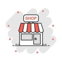 Vector cartoon store market icon in comic style. Shop building sign illustration pictogram. Mall business splash effect concept.