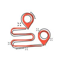 Move location icon in comic style. Pin gps vector cartoon illustration on white isolated background. Navigation business concept splash effect.