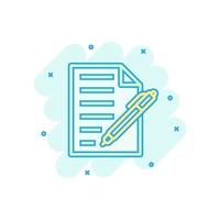 Document with pen icon in comic style. Notepad vector cartoon illustration on white isolated background. Office stationery splash effect business concept.