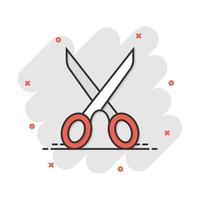 Vector cartoon scissors icon in comic style. Scissor sign illustration pictogram. Shear business splash effect concept.