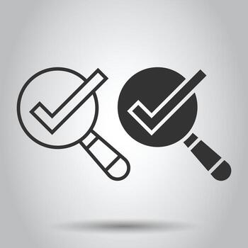 Check mark with magnifying glass icon in flat style. Loupe accept vector illustration on white isolated background. Search checklist business concept.