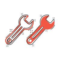 Wrench icon in comic style. Spanner key cartoon vector illustration on white isolated background. Repair equipment splash effect business concept.