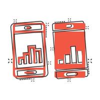 icono de diagrama de teléfono en estilo cómico. ilustración vectorial de dibujos animados de estadísticas de crecimiento de teléfonos inteligentes sobre fondo blanco aislado. concepto de negocio de efecto de salpicadura de análisis de gadgets. vector