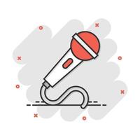 Microphone icon in comic style. Mic broadcast vector cartoon illustration pictogram. Microphone mike speech business concept splash effect.