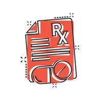 Prescription icon in comic style. Rx document cartoon vector illustration on white isolated background. Paper splash effect business concept.