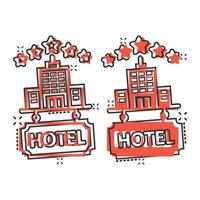 Hotel 5 stars sign icon in comic style. Inn building cartoon vector illustration on white isolated background. Hostel room splash effect business concept.