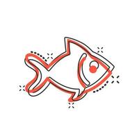 icono de signo de pescado en estilo cómico. ilustración de dibujos animados de vector de pez dorado sobre fondo blanco aislado. efecto de salpicadura del concepto de negocio de mariscos.