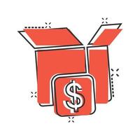 Shipping box with dollar icon in comic style. Container cartoon vector illustration on white isolated background. Cardboard package splash effect business concept.