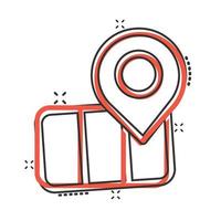 Map pin icon in comic style. GPS navigation cartoon vector illustration on white isolated background. Locate position splash effect business concept.