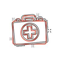 First aid kit icon in comic style. Health, help and medical diagnostics vector cartoon illustration on white isolated background. Doctor bag business concept splash effect.