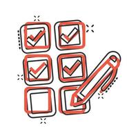 Checklist document icon in comic style. Survey cartoon vector illustration on white isolated background. Check mark choice splash effect business concept.