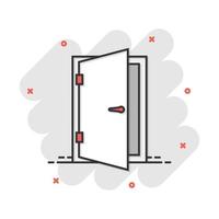 icono de puerta de dibujos animados vectoriales en estilo cómico. Pictograma de ilustración de señal de salida. concepto de efecto de salpicadura de negocio de puerta abierta. vector