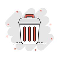 Trash bin garbage icon in comic style. Trash bucket vector cartoon illustration pictogram. Garbage basket business concept splash effect.