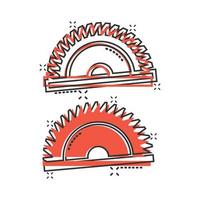 Saw blade icon in comic style. Circular machine cartoon vector illustration on white isolated background. Rotary disc splash effect business concept.