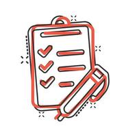 To do list icon in comic style. Document checklist cartoon vector illustration on white isolated background. Notepad check mark splash effect business concept.