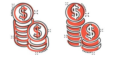 Coins stack icon in comic style. Dollar coin cartoon vector illustration on white isolated background. Money stacked splash effect business concept.